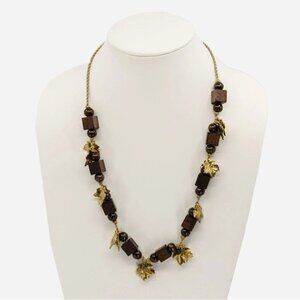 Yves Saint Laurent YSL Vintage Wooden Beaded Necklace Gilt Gold Leaves Silk Cord